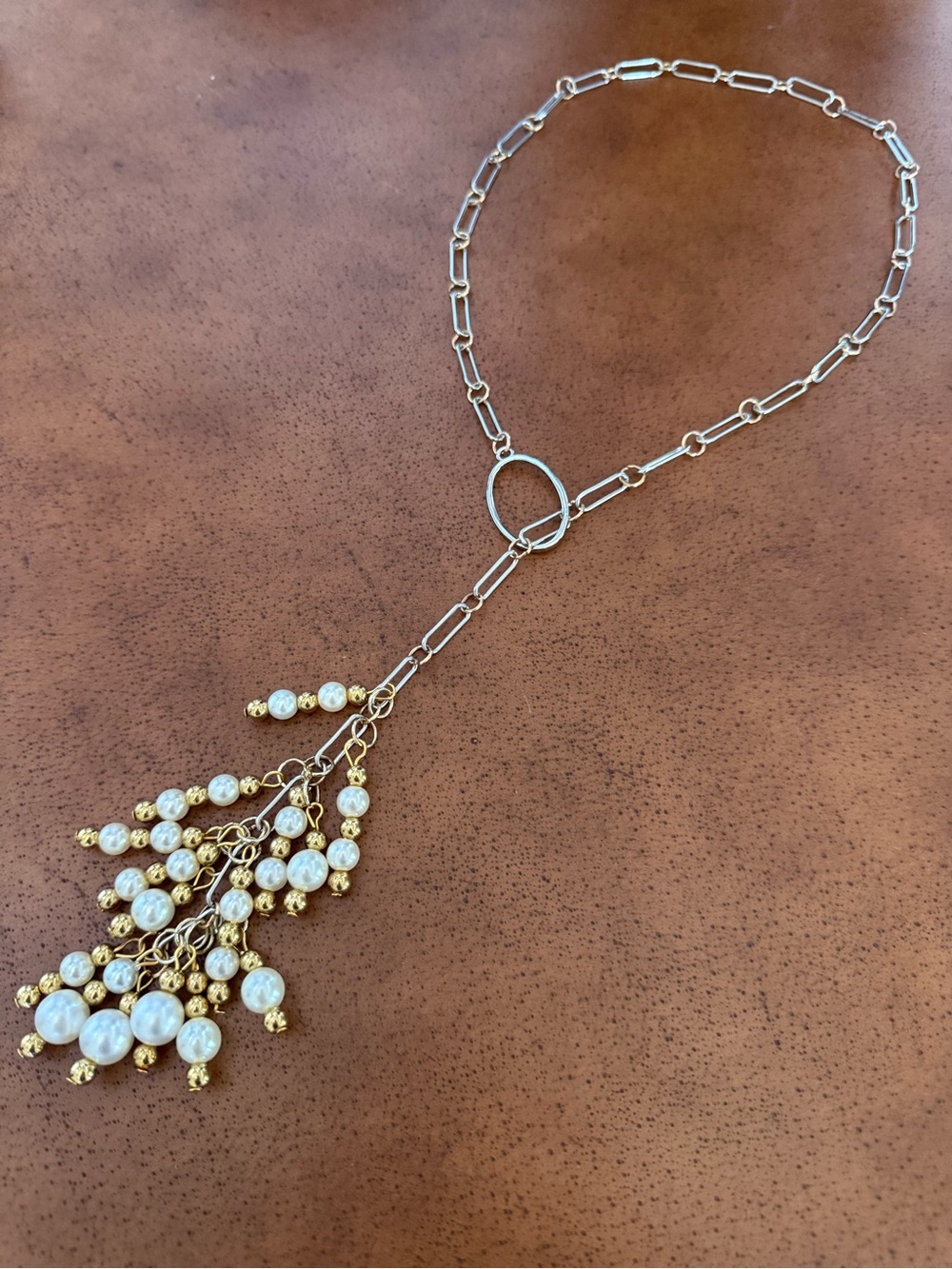 Mixed Metal Silver Gold Pearl Cluster Tassel Lariat Necklace Chain Statement 28”
